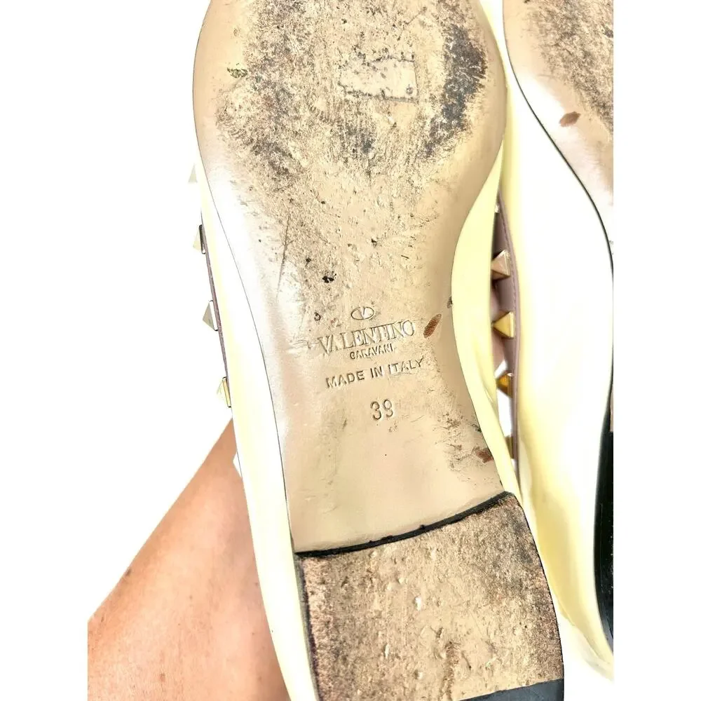 Valentino Garavani Rockstud Ballet Flats Cream Ivory Patent Leather 39 Yellow 9